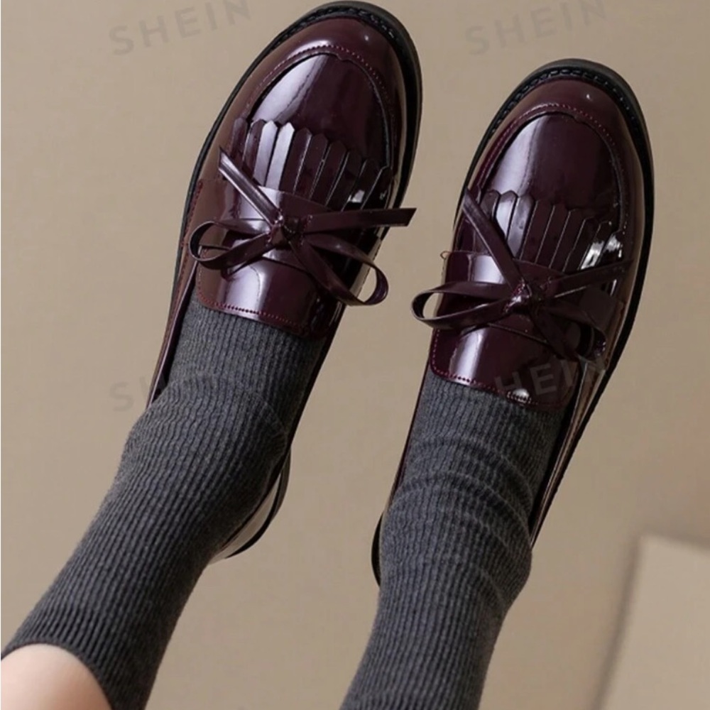 Vegan burgundy fringe loafers!